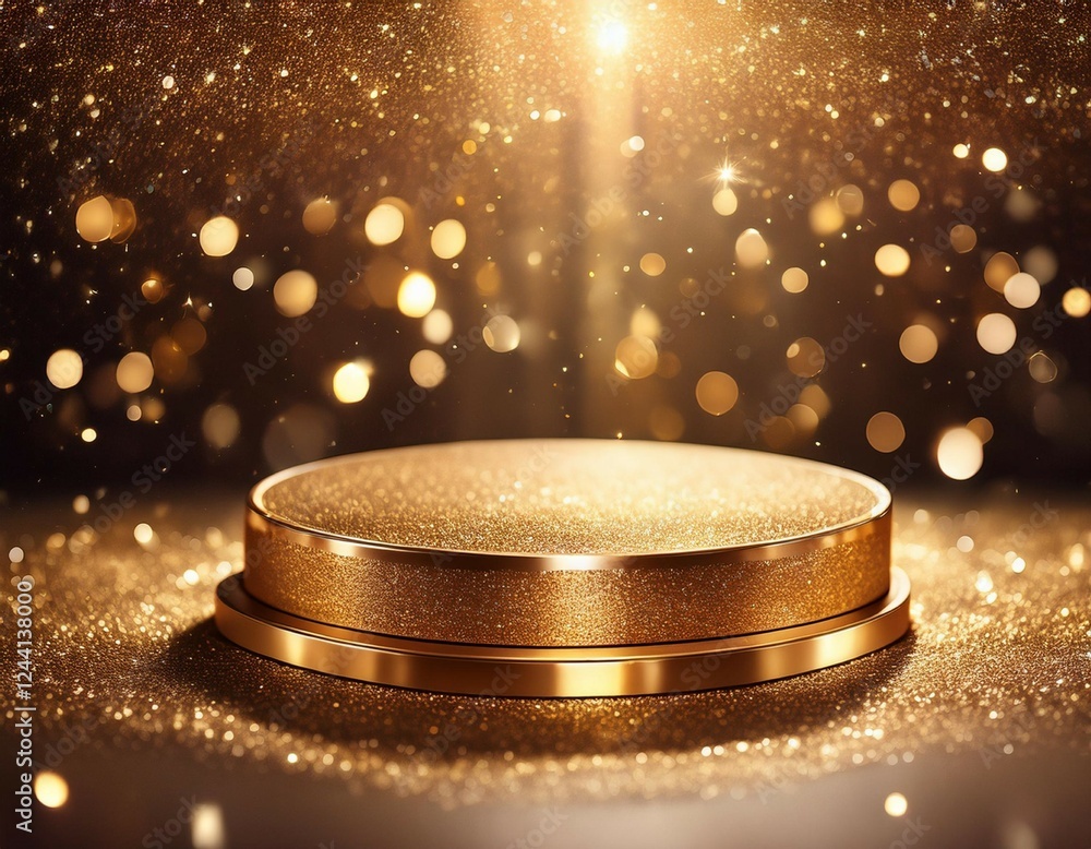 Poster circular golden platform surrounded by shimmering glitter and bokeh lights