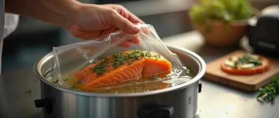 A chef prepares fresh salmon fillets by placing them in a sous vide water bath with herbs. The kitchen is bright and organized, with fresh ingredients on display
