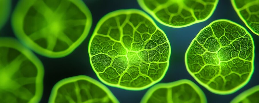 Chloroplasts glowing fluorescent green under UV, detailed plant cell microscopy
