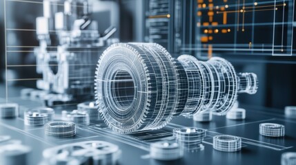 Holographic projection of a futuristic wireframe tire and other car parts floating above a blueprint, showcasing innovative automotive engineering and design in a modern technological setting