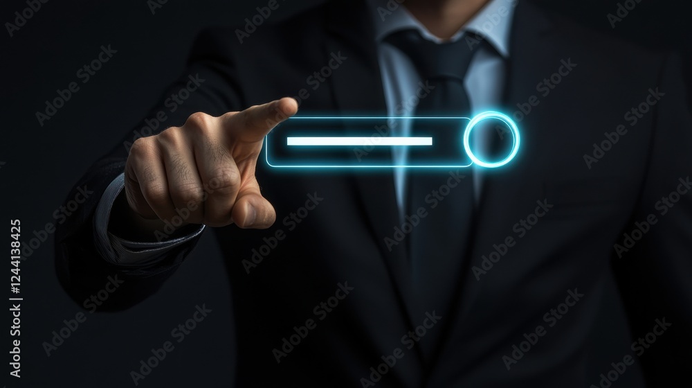 Poster businessman touching futuristic interface with interactive elements
