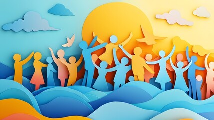 Vibrant paper cutout layers depicting a diverse community of people lifting and supporting one another with hands raised in a gesture of empowerment  The colorful