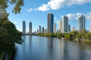 Obraz premium Riverfront Cityscape High Rise Buildings Sunny Day