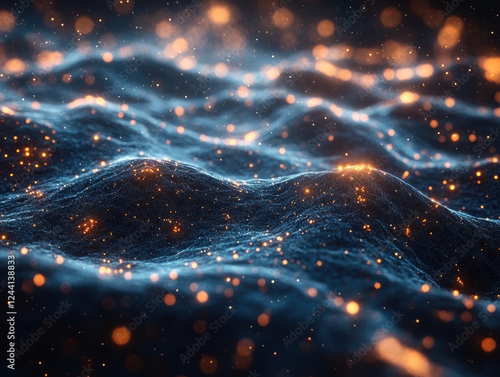 Poster abstract representation of waves with glowing particles in a dark background.