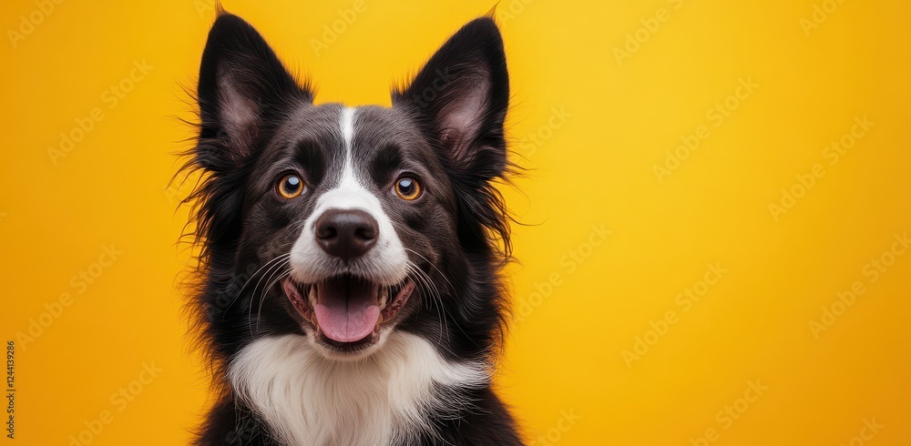 Poster happy border collie with bright yellow background showcasing its playful expression and joyful perso