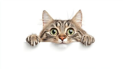 Obraz premium Adorable tabby cat peeking curiously over a white surface.