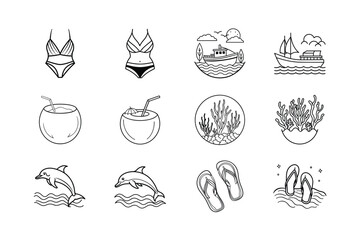 Summer Vacation Icons Beach, Bikini, Boat, Coconut, Dolphin, Ocean