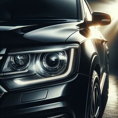  close-up view of the front passenger-side quarter of a black car, focusing on the headlight and side mirror.
