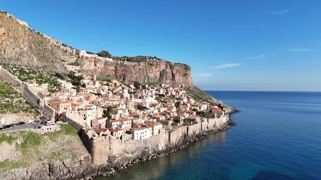 Aerial view of Monemvasia, a medieval fortress town on a rocky peninsula in Laconia, Peloponnese, Greece