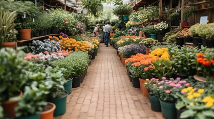 Fototapeta premium Colorful Flower Plants In Greenhouse Rows