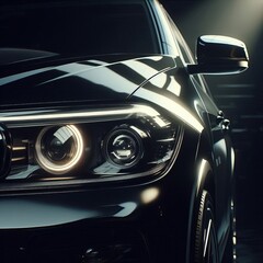 Fototapeta premium close-up view of the front passenger-side quarter of a black car, focusing on the headlight and side mirror. 