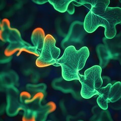 Fluorescent chloroplasts glowing in vibrant green and orange, artistic plant biology visualization