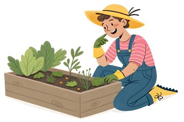 Cheerful Cartoon Gardener with Vegetables – Urban Agriculture and Sustainable Living