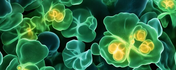 Fluorescent depiction of chloroplast activity glowing in green and yellow, under UV light
