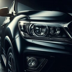  close-up view of the front passenger-side quarter of a black car, focusing on the headlight and side mirror.
