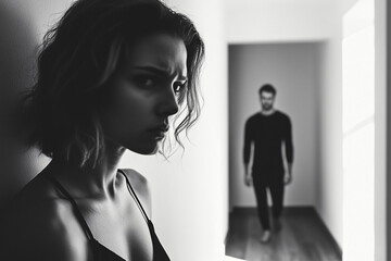 woman cowering from looming male figure, harsh shadows, narrow apartment hallway , violence and fear