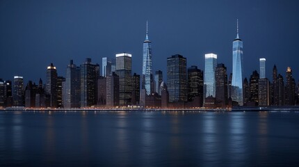 Obraz premium Panoramic view of Manhattan's illuminated skyline at dusk. Urban cityscape with tall buildings and waterfront, isolated on a white background. Concept of New York City