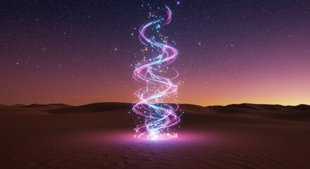 Obraz premium Magical glowing spiral in desert sunset landscape with twinkling stars