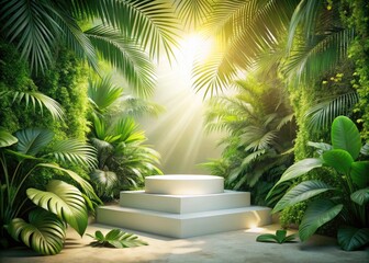 Fototapeta premium White stage, vibrant tropical foliage, vintage photo style â€“ ideal summer product showcase.