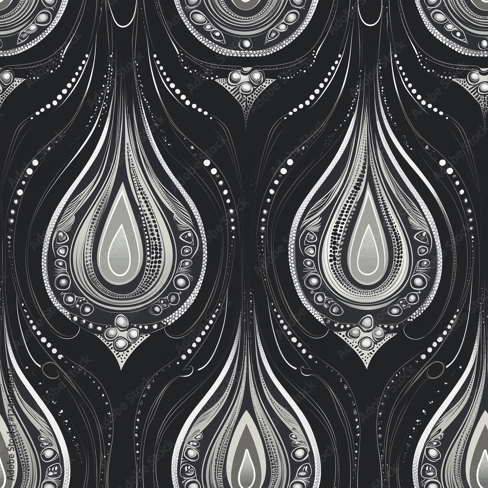 Poster abstract black and white patterned fabric featuring teardrop shapes and intricate details.