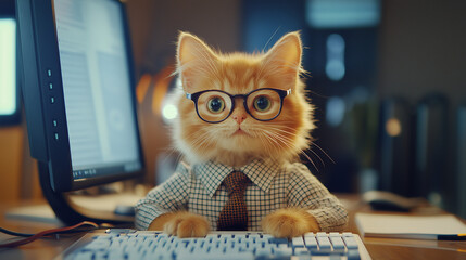 Smart-looking ginger cat wearing glasses and a plaid shirt, focused on a laptop in a cozy home office. Funny corporate pet theme for remote work, technology, and entrepreneurship.