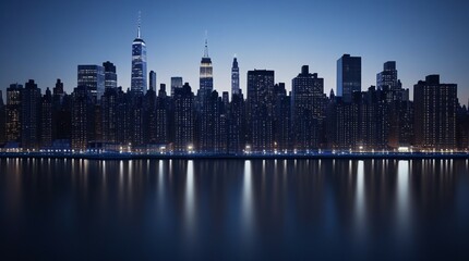 Fototapeta premium Panoramic view of Manhattan's illuminated skyline at dusk. Urban cityscape with tall buildings and waterfront, isolated on a white background. Concept of New York City