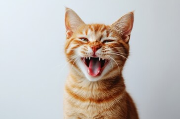 Obraz premium Happy Orange Cat with Open Mouth Showing Teeth in Playful Expression Against Light Gray Background
