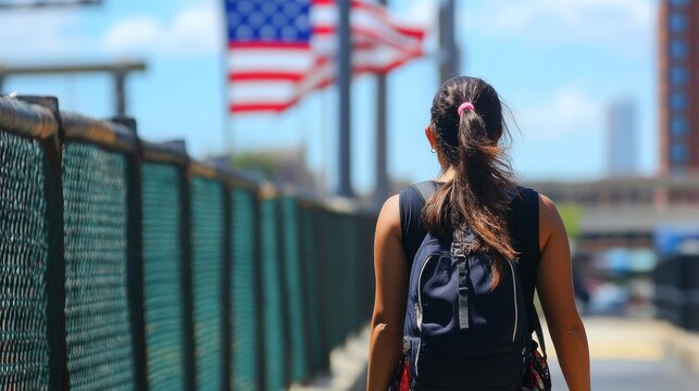 Young tourist walking towards american flag, exploring a new city