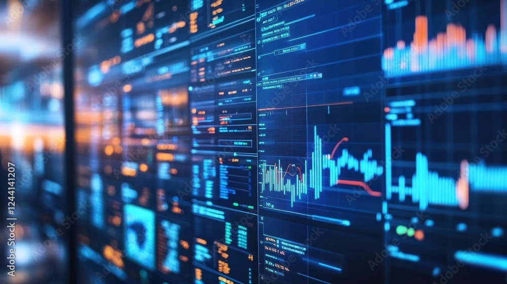 Poster visualizing complex data analysis on a futuristic interface, featuring innovative engineering in inf