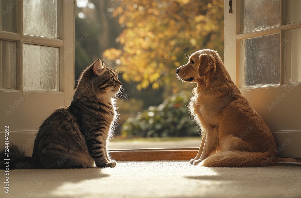 Poster heartwarming moment between a cat and a dog in a cozy home setting with autumn background and soft n
