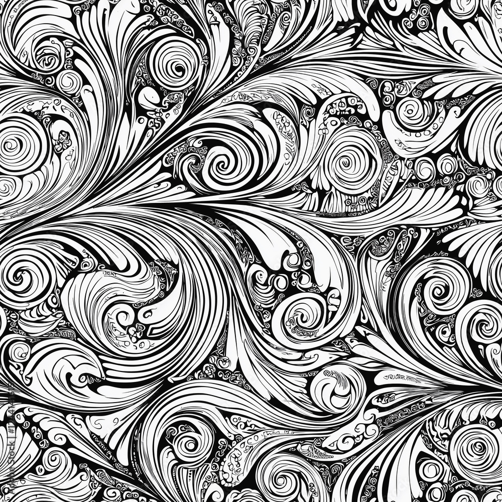 Poster intricate black and white swirl pattern with floral elements, creating a vintage and elegant design 