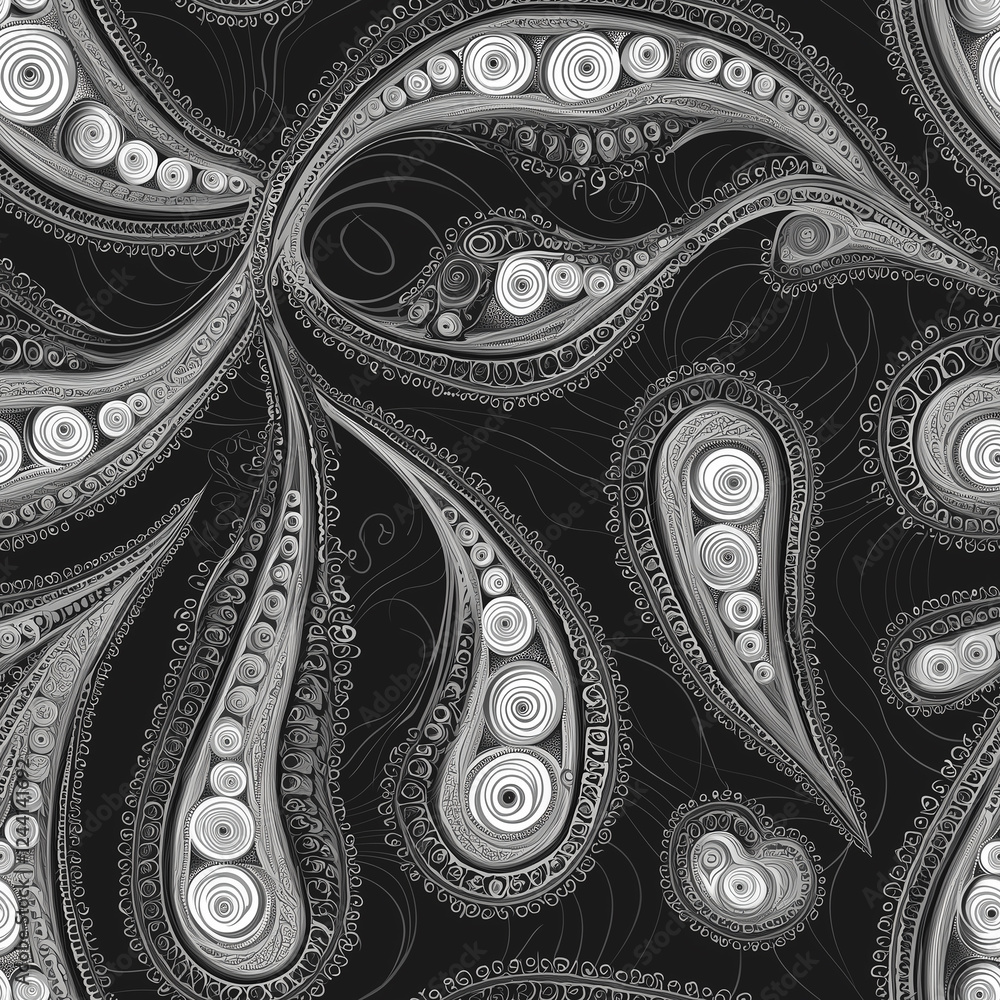 Poster intricate black and white abstract pattern resembling flowing shapes and textures.