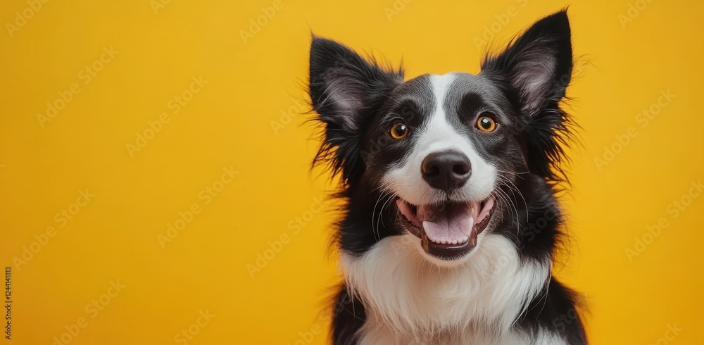 Poster joyful border collie with bright yellow background displaying happy expression and playful personali