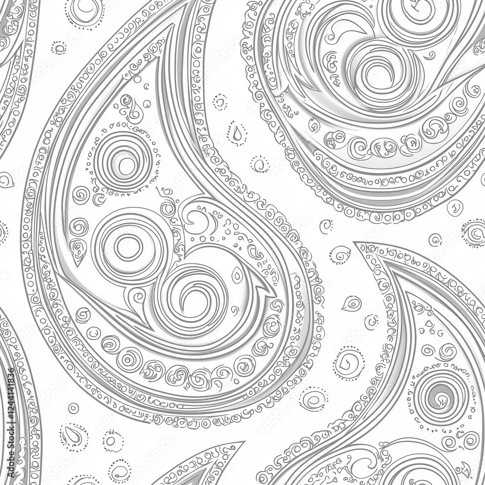 Poster abstract paisley pattern in grayscale featuring intricate swirls and curves, suitable for textiles o