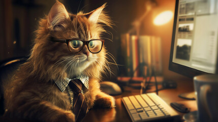 Funny ginger cat wearing glasses and a checkered shirt sitting at a desk in a cozy office. Hilarious business pet concept for remote work, productivity, and corporate humor themes.