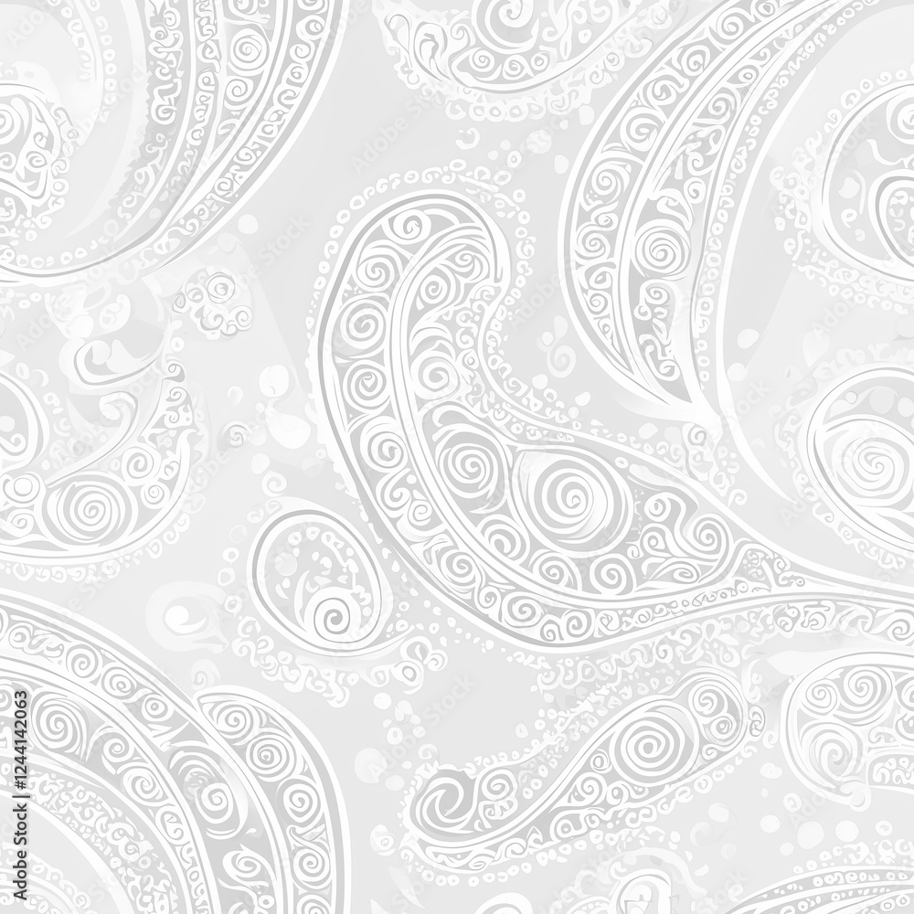 Poster intricate white paisley pattern on a light background, creating a subtle and elegant texture suitabl