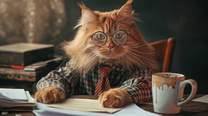 Adorable ginger cat wearing glasses and a checkered shirt working at a desk with a computer monitor. Funny office pet concept for business, technology, and remote work themes.