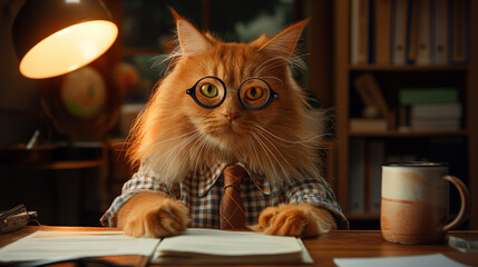 Adorable ginger cat wearing glasses and a checkered shirt working at a desk with a computer monitor. Funny office pet concept for business, technology, and remote work themes.