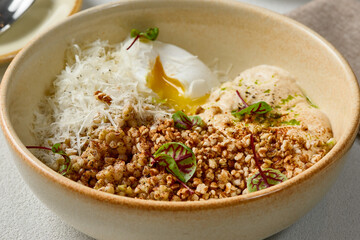 Rustic Buckwheat Bowl with Poached Egg and Cheese Mousse A Culinary Artful Presentation
