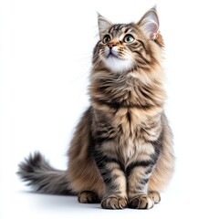 Obraz premium Majestic and Fluffy Cat Sitting Gracefully with Bright Green Eyes and Luxurious Fur on a White Background