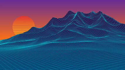 Futuristic retro landscape with sunset on horizon. Digital style background of the 1980s. Blue neon mountains. Big Data visualization. Vector illustration.