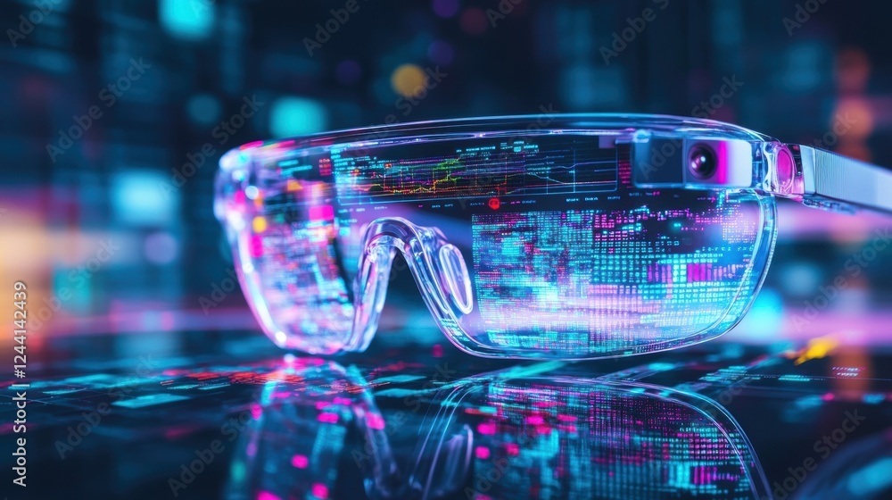 Poster innovative augmented reality glasses showcasing data visualization and code, reflecting the futurist