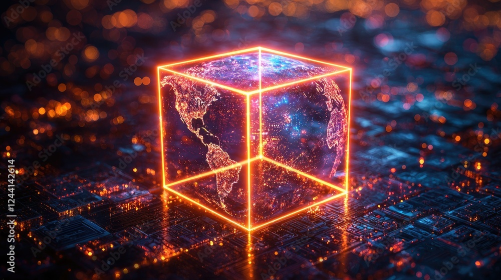 Poster global network encased in a digital cube