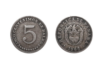 5 Centésimos 1968 coin. Coin of Panama. Coin 5 centesimos 1968 Obverse and Reverse on white background. The arms of Panama with nine stars above symbolizing the nine provinces of the country at the ti
