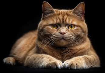 Fototapeta premium Majestic close-up of a confident ginger domestic cat with expressive golden eyes, lying serenely against a black background, showcasing its soft fur and charm