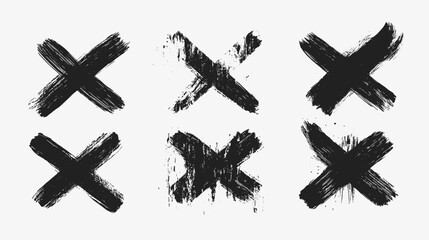 Strokes of black paint x crosses, brush, roller, spatula. Collection of brushes Smears of paint cross stroke isolated on a white background for your design
