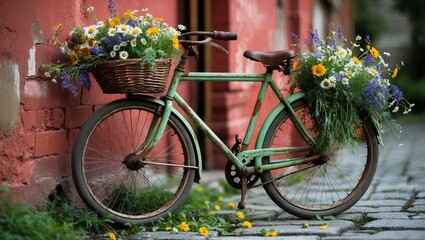 Fototapeta premium Vintage bicycle adorned with colorful flowers by a rustic wall in a charming village setting during springtime