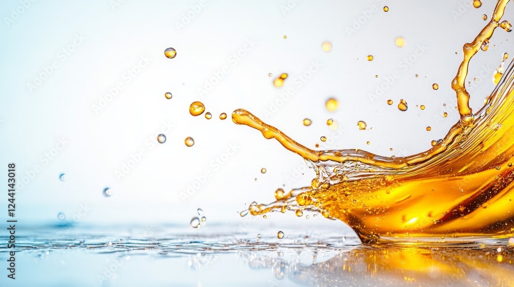 Poster Golden honey splashes dynamically across a smooth surface, capturing light and creating an enchanting display of droplets. The scene showcases the beauty of liquid movement and texture.