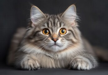 Majestic fluffy cat with striking orange eyes laying on a dark background, showcasing its beautiful fur and attentive expression in a serene pose