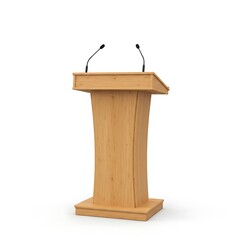 Empty podium with microphone isolated, wooden speech stage platform, conference presentation stand with rostrum design
